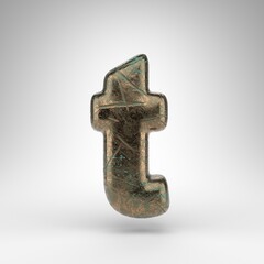 Letter T lowercase on white background. Bronze 3D letter with oxidized scratched texture.
