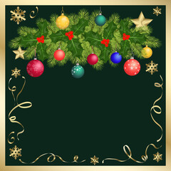 Abstract Christmas tree branches, balls, holly, red berry, stars, snowflakes, ribbons on a dark background. Collection for the design of a greeting card, banner, poster. Vector illustration.
