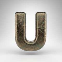 Letter U uppercase on white background. Bronze 3D letter with oxidized scratched texture.