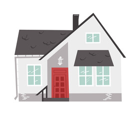 Hand Drawn Cartoon House on White Background Isolated. Flat style illustration Cozy Home. Little Vector Cottage Drawing. Creative Digital  Art Work