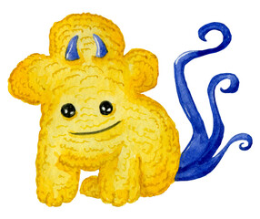 Сute yellow alien with two horns and blue tentacles. Watercolor hand-drawn element. Isolated on white. Children's illustration