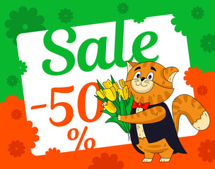 Sale card with red cat. Cartoon character with yellow tulips.