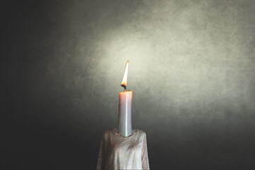 surreal woman who instead of her face has a lit candle, concept of life, hope and new ideas