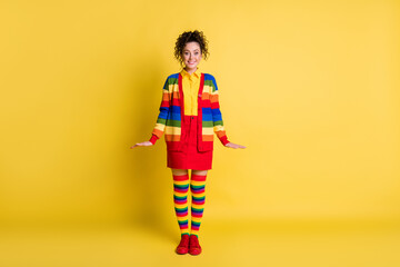 Full length body size view of attractive girlish funny cheerful wavy-haired girl posing isolated...