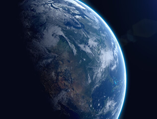 Realistic render of Earth as seen from space, aginst black space.  Rendered using NASA data.