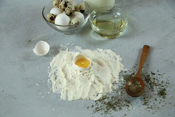 ingredients for homemade pasta. Food background: macaroni, spagetti, egg, flour