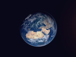 Realistic render of Earth as seen from space, against black space. Rendered using NASA data.