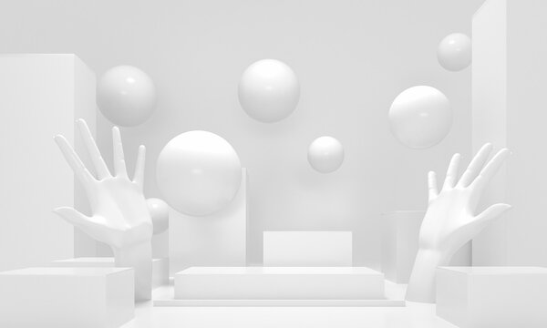 White podium, sculptures of hands, women's palms. 3d render illustration. Mockup for jewelry, cosmetics and brand packaging advertising. Empty exhibition platform, pedestal