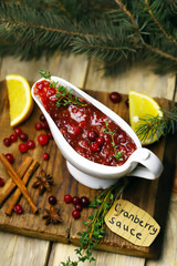 Homemade cranberry sauce. Cooking holiday food at home.