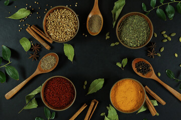 Fototapeta na wymiar Wide variety spices and herbs on background of black table