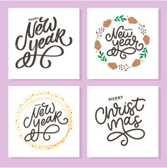 Happy New Year 2021 Beautiful greeting card poster with calligraphy black text word gold fireworks. Hand drawn design elements. Handwritten modern brush lettering white background isolated vector