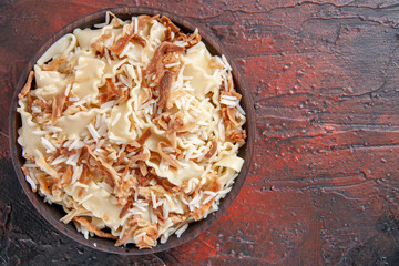 top view sliced cooked dough with rice on dark background dough pasta meal