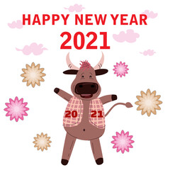 Cute cartoon bull in a checkered yolk. Zodiacal symbol of the Chinese new year Vector illustration
