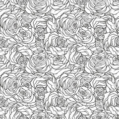 Seamless pattern with garden tea roses. Fresh blooming buds on repeated ornament. Linear flower endless texture for office supplies and printing on fabrics.