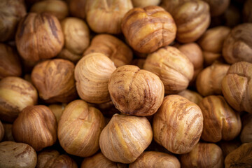 A lot of hazels nuts close-up. Natural background for healthy eating concept.