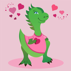 Dinosaur in love. Cute dinosaur in a pink T-shirt with a valentine heart in his paw. Cute dinosaur on a pink background, around the hearts. Celebrating Valentine's Day.