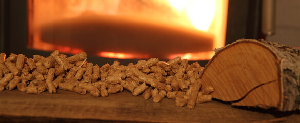 a wood-burning stove with pellets and wood