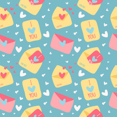 vector seamless pattern on the theme of Valentine's Day with envelopes, cards and hearts on a blue background. pattern for printing on fabric, wrapping paper. background for websites and applications