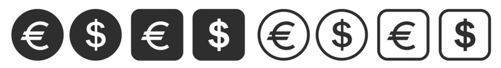 Obraz premium Dollar euro icon set. Money sign symbol. Flat design web buttons isolated on white background. Vector illustration. 