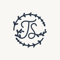 T S TS monogram logo. Ts minimalist handwriting initials or icon with floral elements. Design for wedding invitation, floral and botanical shop. Black and white minimalist vector illustration.