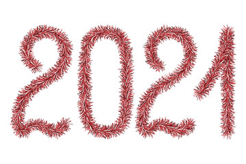 Tinsel. 2021. Lettering from a holiday decoration. Fluffy numbers. Ruby color. Vector illustration. Isolated white background. Cute plush message. The coming year. Rustling lettering. 