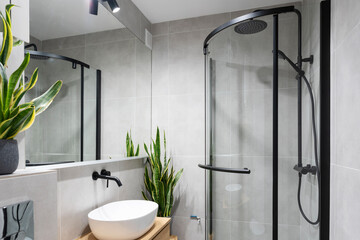 Interior of bathroom with shower, stylish wash basin and tap and mirror. Grey tiles and plants in...