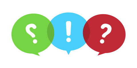 Colored question speech bubbles. Talk bubble with question and answer sign. Help symbols. Communication concept. Vector illustration.
