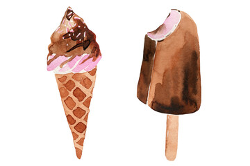 Watercolor illustration delicious chocolate covered strawberry ice cream