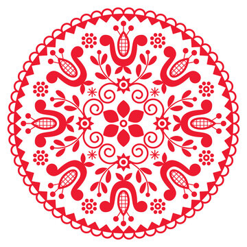 Bohemian mandala vectro design - Polish folk art pattern with flowers in red and white