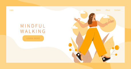 Cute woman practicing mindful walking exercise in nature and leaves. Concept illustration for meditation, relax, recreation, healthy lifestyle, mindfulness practice, spiritual discipline. Landing page