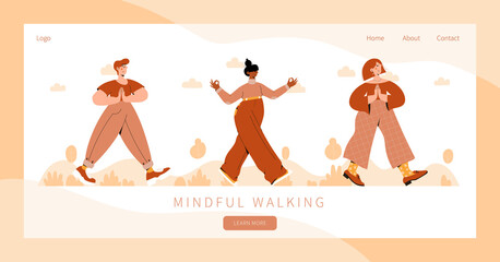 Set of people practicing mindful walking exercise in nature. Concept illustration for meditation, relax, recreation, healthy lifestyle, mindfulness practice. Landing page, banner design