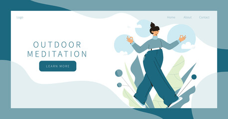 Cute woman practicing mindful walking exercise in nature and leaves. Concept illustration for meditation, relax, recreation, healthy lifestyle, mindfulness practice, spiritual discipline. 