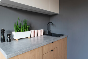 Marble counter in the modern kitchen with sink, faucet, mugs, plant and wooden cabinet and furniture. Minimalism and scandinavian style in modern interior. Copy space.