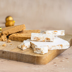 Two most typical Turron,  hard and soft  almond nougat. Traditional Christmas sweet consumed in Spain.