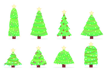 Set of Christmas trees on a white background. Can be used for printed products - flyers, posters, business cards. Seamless patterns. Vector illustration