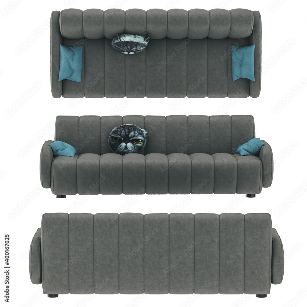 Poster gray soft sofa with pillows in three different angles on a white background. 3d rendering