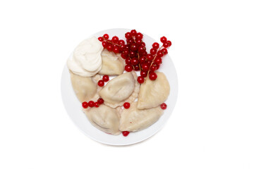 Delicious dumplings with fresh red currants and sour cream, served with sour cream, whipped cream, berries and sugar or sauce. On a white plate, table. Close-up photo. Flat lay