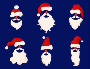 Collection of Santa Clauses isolated on blue background. Santa hats, mustaches and beards. Christmas elements for design of a greeting card. Vector illustration