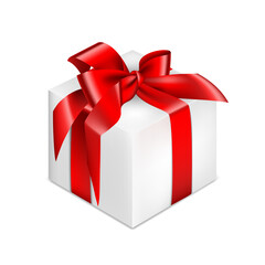 White gift box with red ribbon, isolated on white.