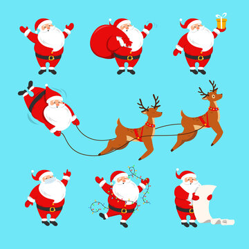 Santa Claus set vector isolated. Collection of Santas in red clothes, Christmas and New Year winter holiday. 