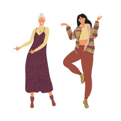 Two women friends. Girlfriends have fun dancing and singing songs. The illustration is shown on a white background. Vector illustration