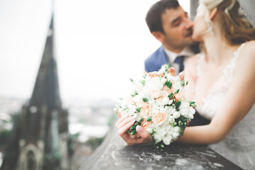 Perfect couple bride, groom posing and kissing in their wedding day