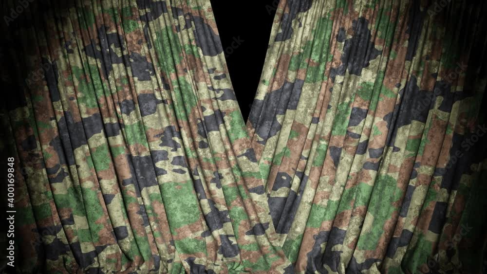 Poster realistic 3d animation of the grungy camouflage curtain rendered in uhd, alpha matte is included