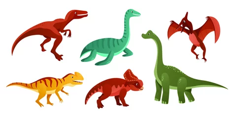 Fotobehang Dinosaurussen Jurassic dinosaurussen zijn afgebeeld op een witte achtergrond. Kleurrijke dinosaurussen cartoon karakter illustratie. vector illustratie
