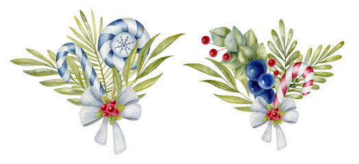Watercolor botanic plants with berry and lollypop. Trendy wild branches with leaves. Isolated bright green set on the white background. Bouquet compositions.