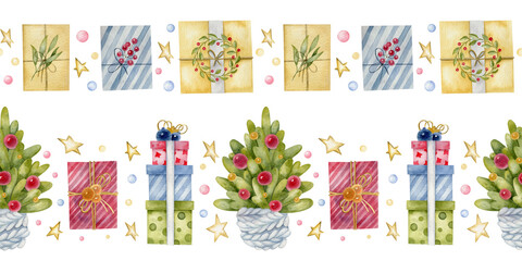 Watercolor seamless border with Christmas tree, gift box, and star. Hand drawn winter border with bright season decor.