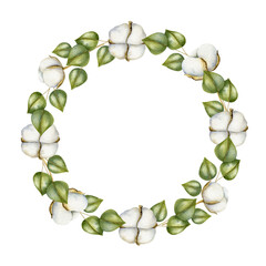 Hand drawn watercolor wreath. Botanical illustration of green branches and cotton. Season mood. Floral design elements. .