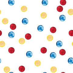 Seamless pattern of red, yellow, blue dots in chaotic order. Digital paper. Christmas, Birthday, Valentine's Day wrapping package texture. Watercolor hand drawn elements on white background.