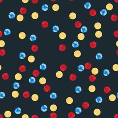 Seamless pattern of red, yellow, blue dots in chaotic order. Digital paper. Christmas, Birthday, Valentine's Day wrapping package texture. Watercolor hand drawn elements on dark blue background.