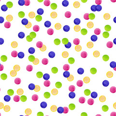 Seamless pattern of green, pink, yellow, purple dots in chaotic order. Digital paper. Christmas, Birthday, Valentine wrapping package texture. Watercolor hand drawn elements on white background.